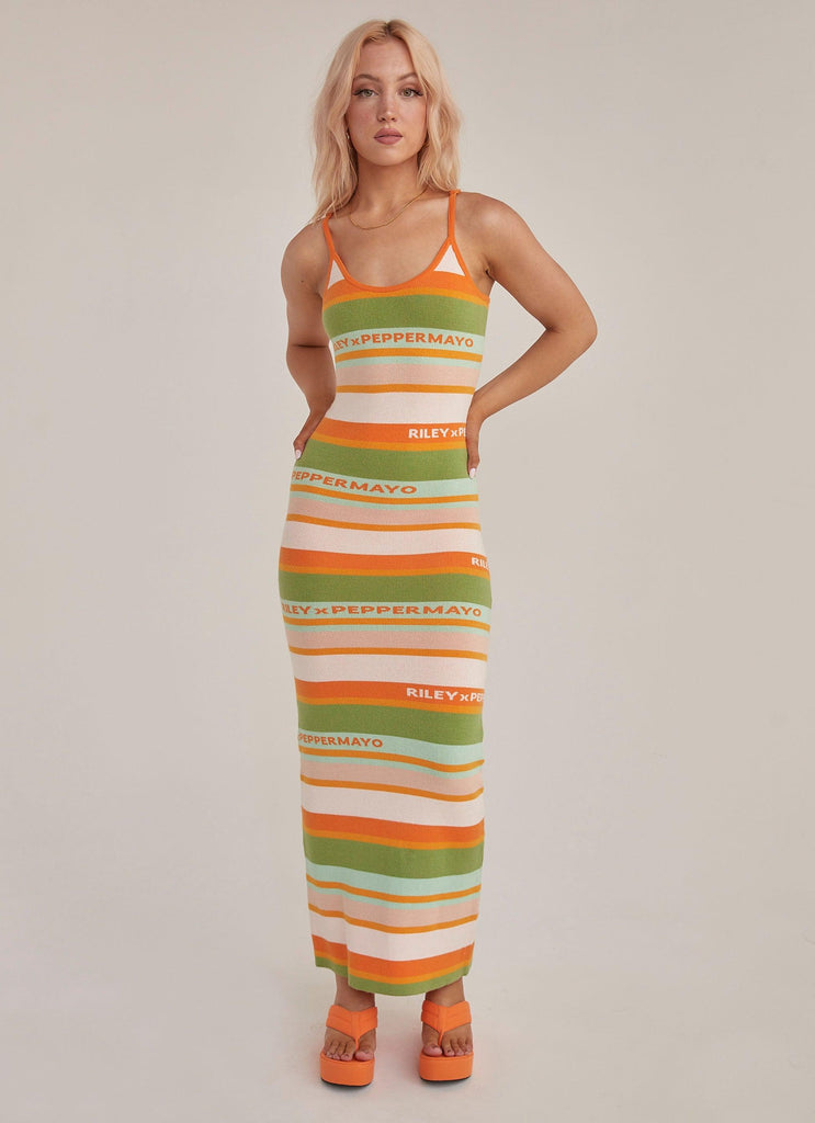 Sunset Drives Knit Maxi Dress - Melon Stripe - Peppermayo US