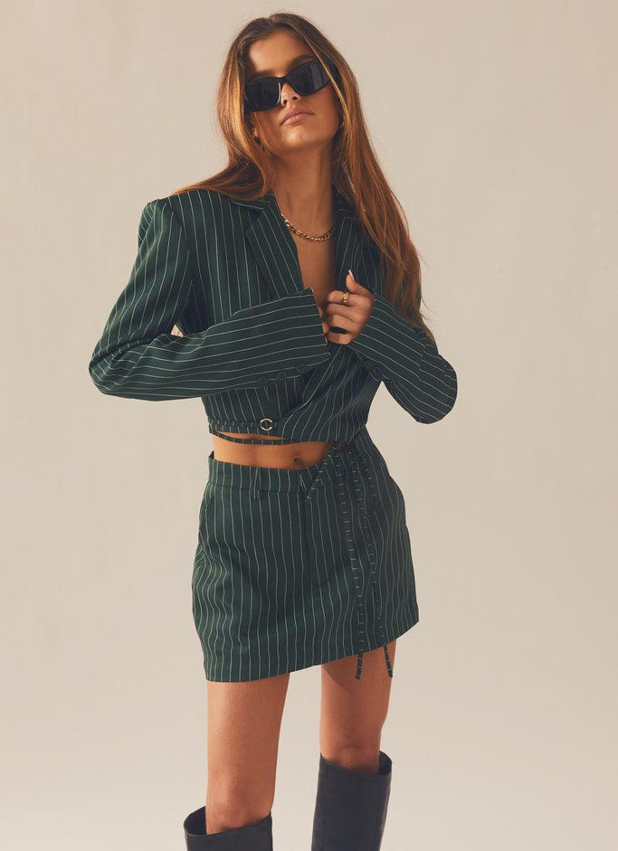 Pursuit of Happiness Cropped Blazer - Green Pinstripe