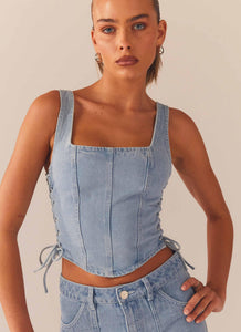 Giddy Up Denim Bustier Top - Subdued Blue - Peppermayo US
