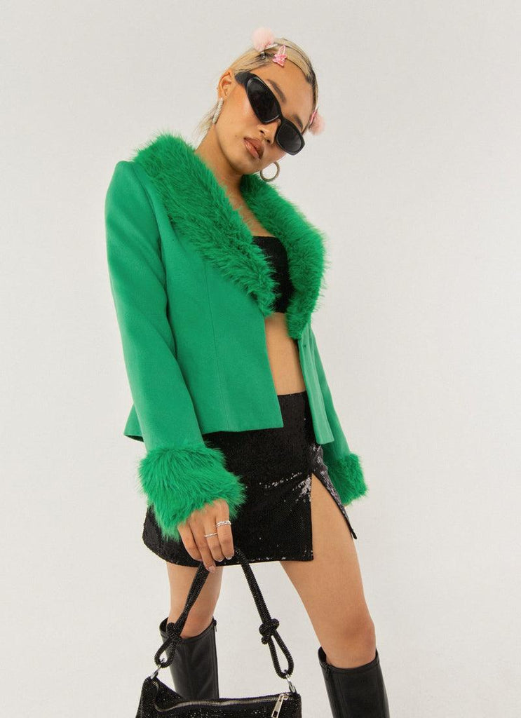 Maddy Faux Fur Jacket - Jade Green - Peppermayo US