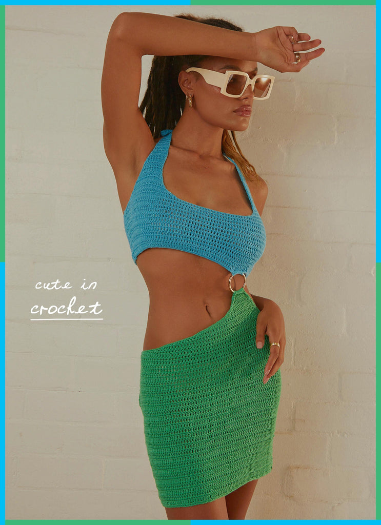 Jet Set Crochet Mini Dress - Blue Lagoon - Peppermayo US