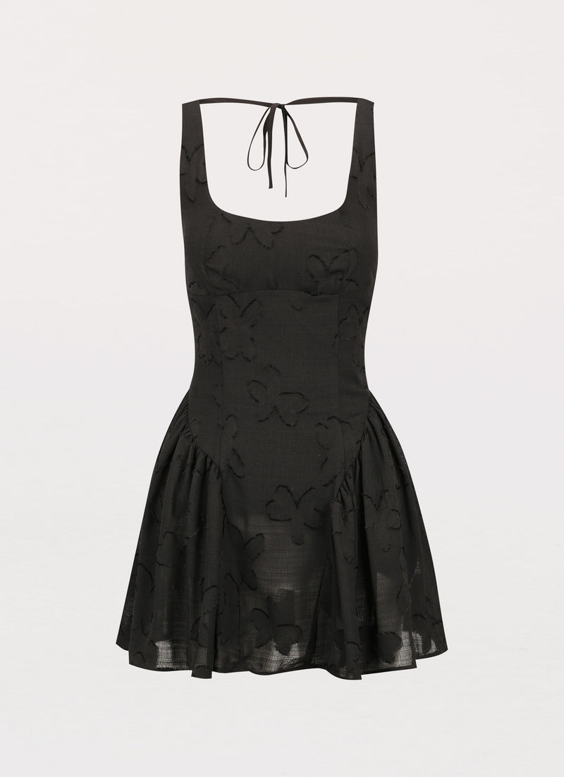 Womens Evelyn Mini Dress in the colour Black in front of a light grey background