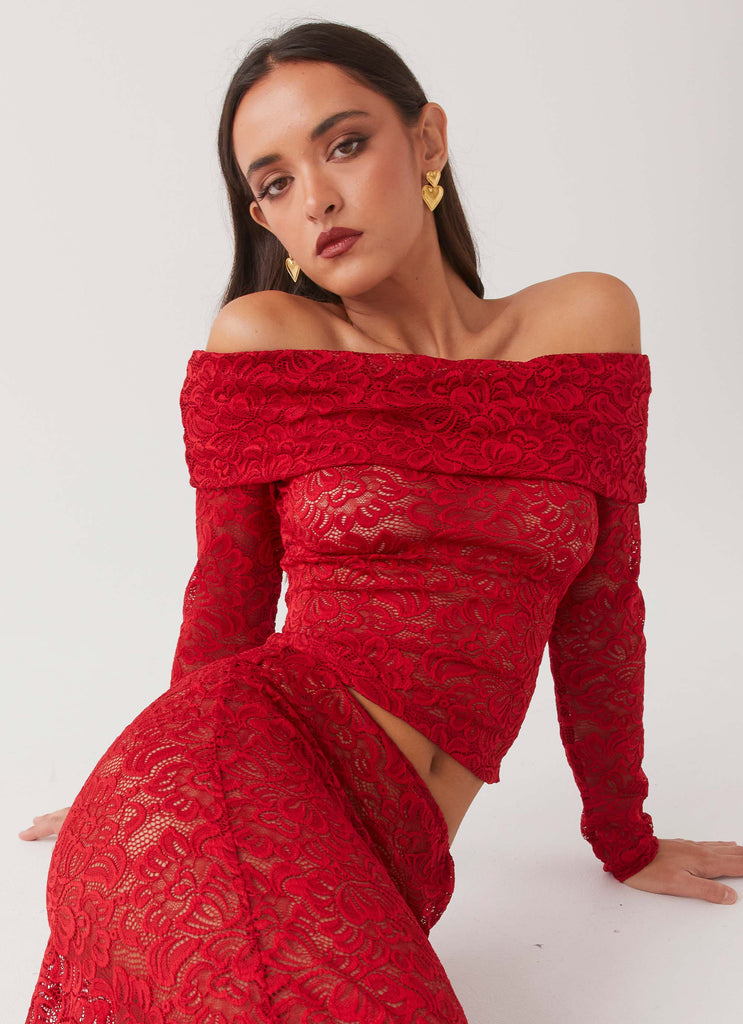 Red Lace Long Sleeve Tie Front Shirt, Tops