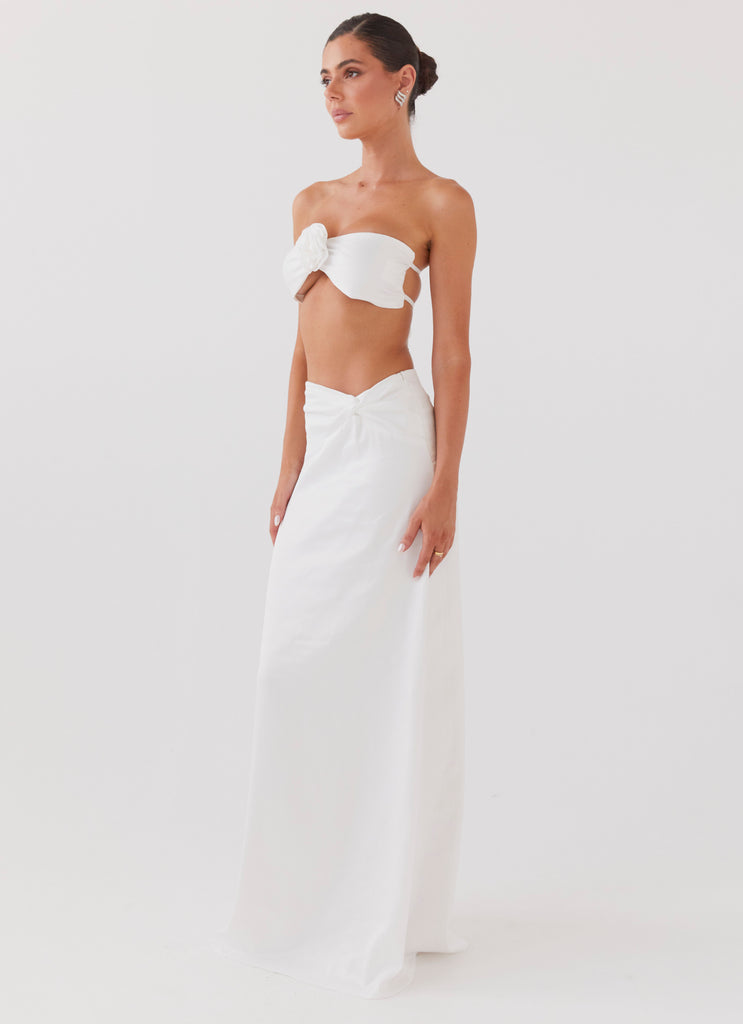 Womens Crescent Light Twist Maxi Skirt in the colour Ivory in front of a light grey background