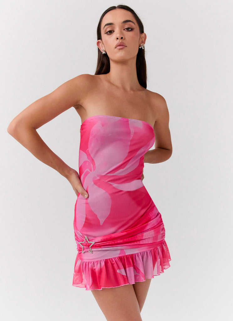 Womens Besa Mesh Mini Dress in the colour Neon Blush in front of a light grey background
