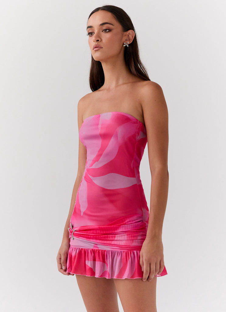 Womens Besa Mesh Mini Dress in the colour Neon Blush in front of a light grey background