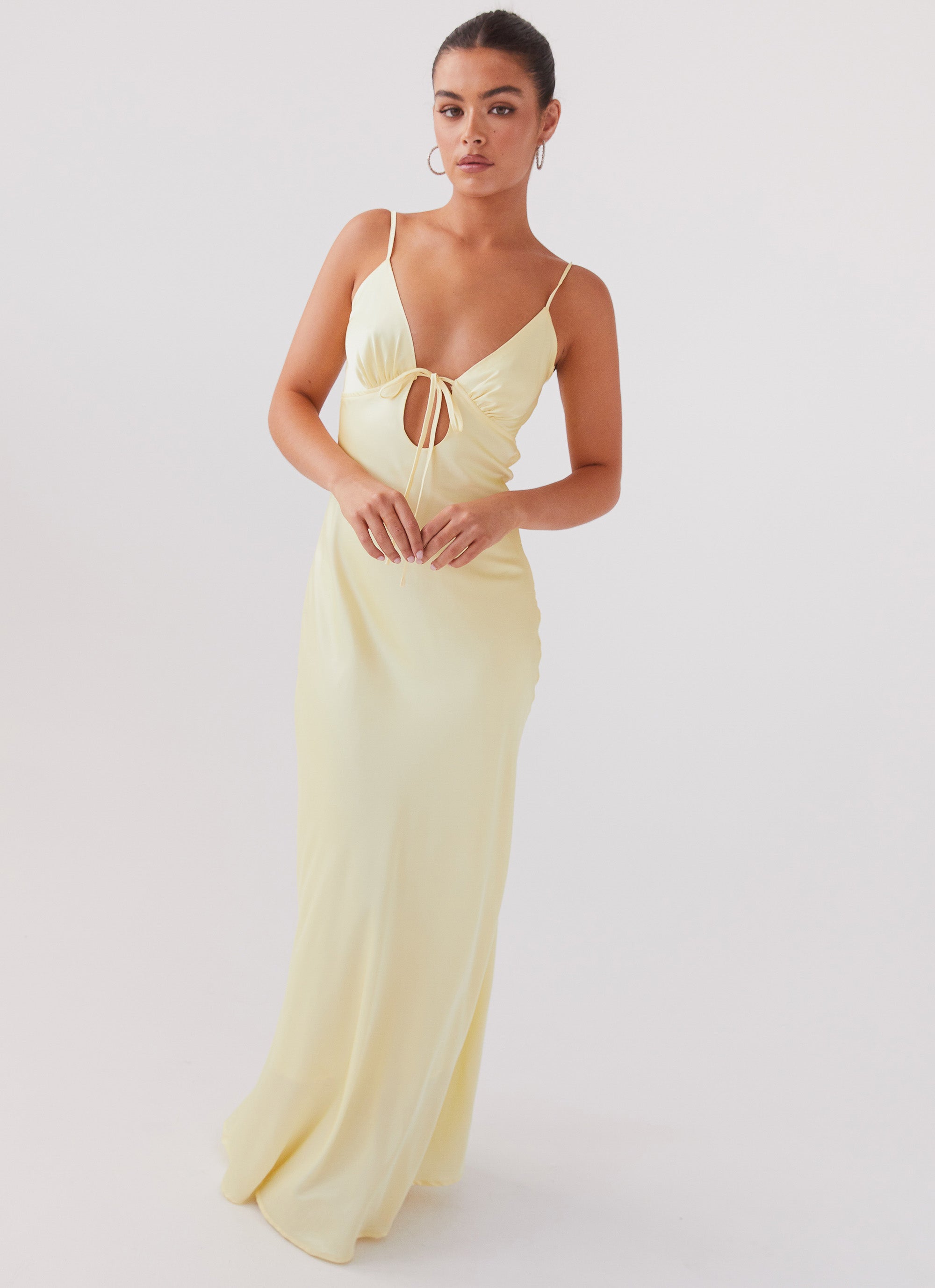 ASOS DESIGN satin cowl neck maxi dress with tie cuff detail in