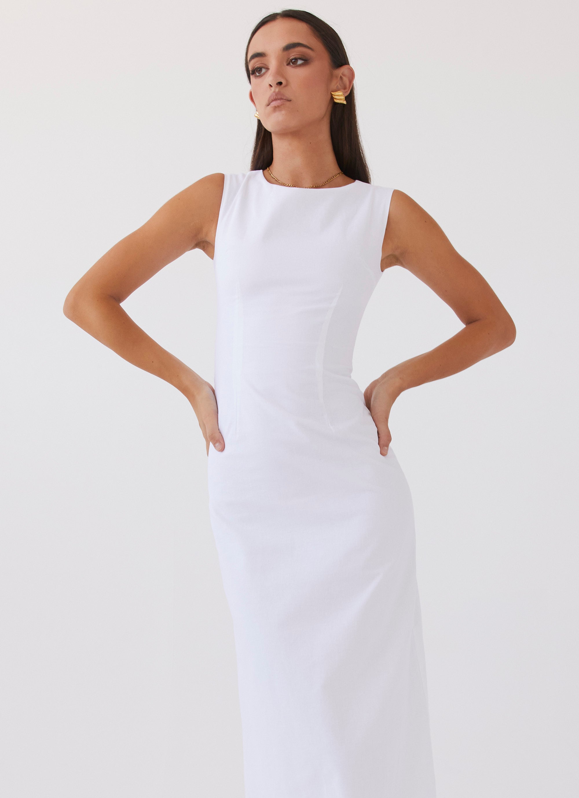 Shop the Mandalay High Neck Long Sleeve Waistband Dress White