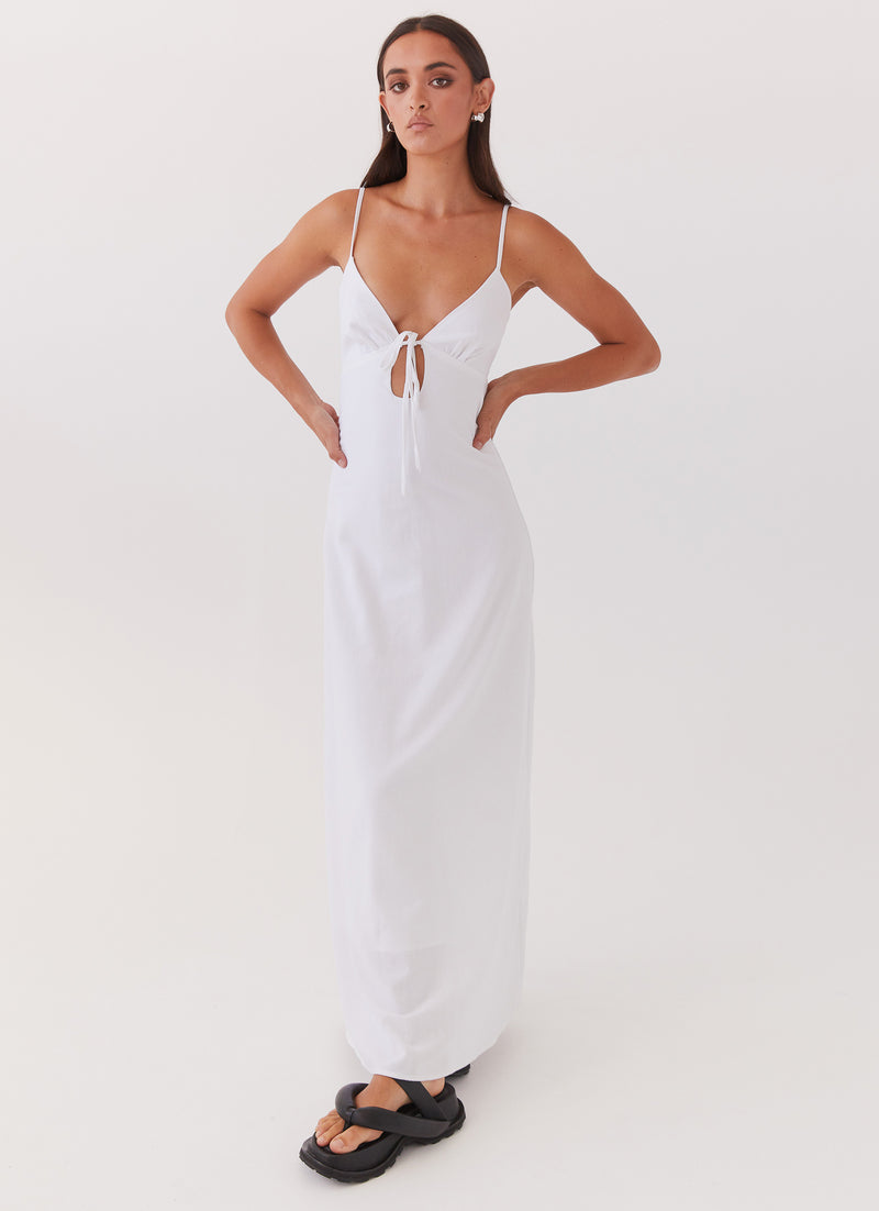 Womens Flora Linen Maxi Dress in the colour White in front of a light grey background
