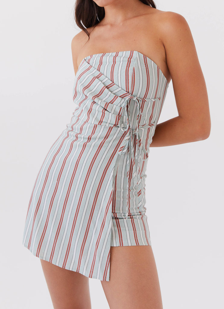 Womens Lavinia Linen Tube Mini Dress in the colour Coastal Stripe in front of a light grey background