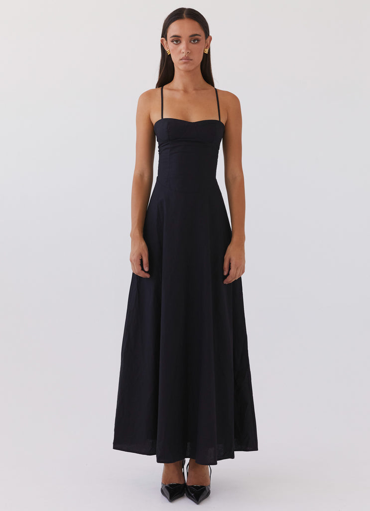 Womens Angelina Linen Maxi Dress in the colour Black in front of a light grey background