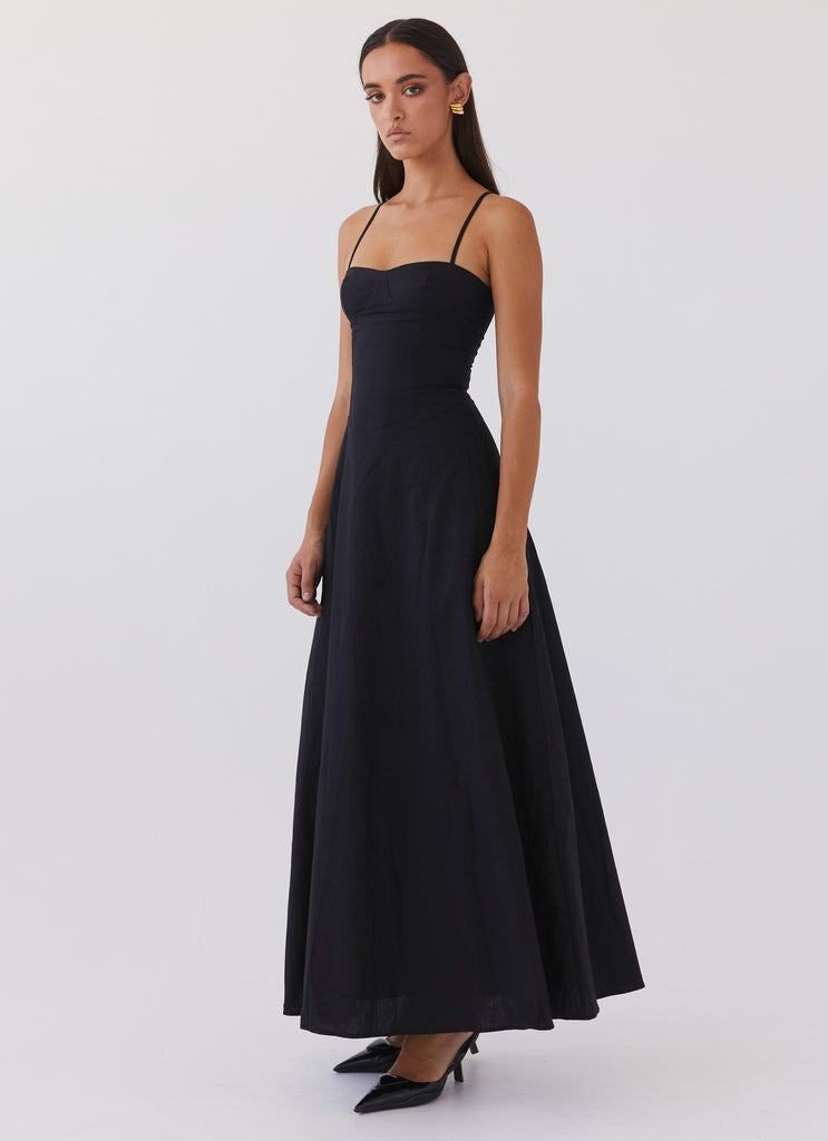 Womens Angelina Linen Maxi Dress in the colour Black in front of a light grey background