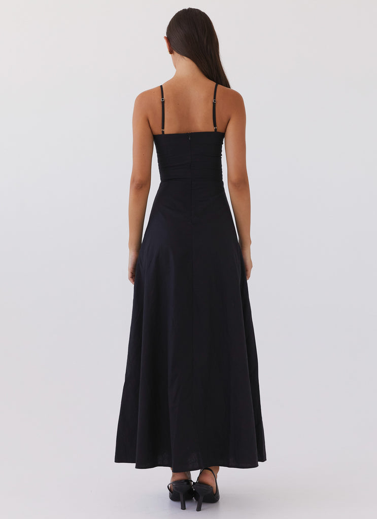 Womens Angelina Linen Maxi Dress in the colour Black in front of a light grey background