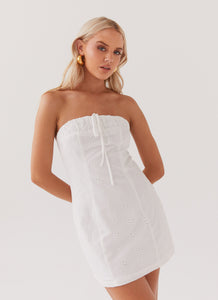 Womens Bronwyn Broderie Mini Dress in the colour White in front of a light grey background