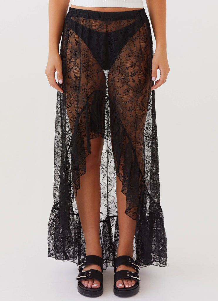 Womens Florentina Lace Maxi Skirt in the colour Black in front of a light grey background