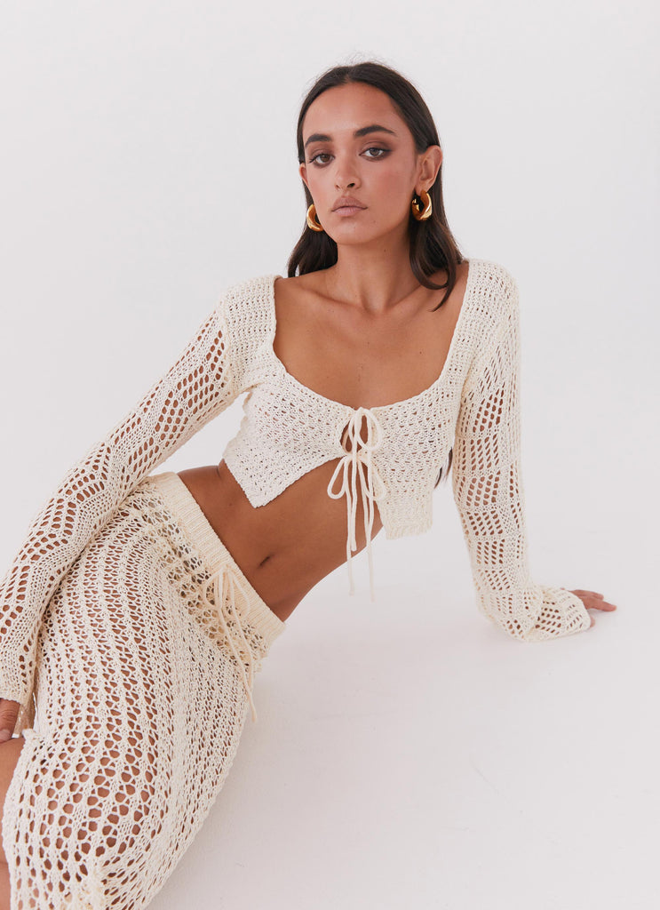 White Crochet Long Sleeve Crop Top