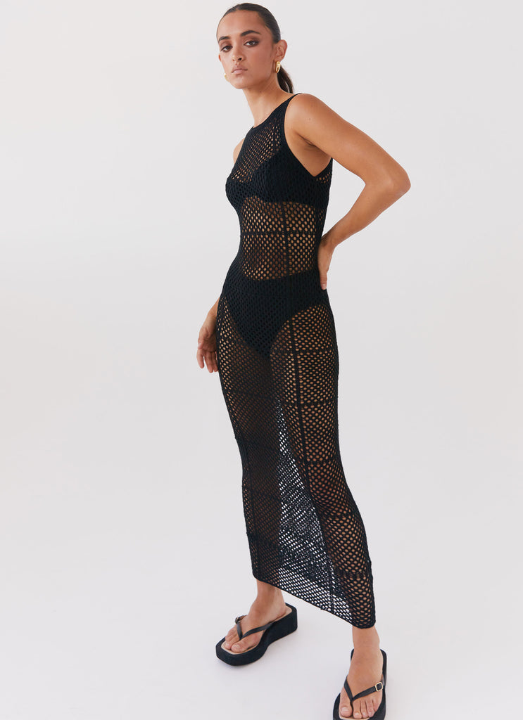 Womens Night Waves Crochet Maxi Dress in the colour Black in front of a light grey background