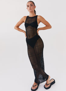 Womens Night Waves Crochet Maxi Dress in the colour Black in front of a light grey background