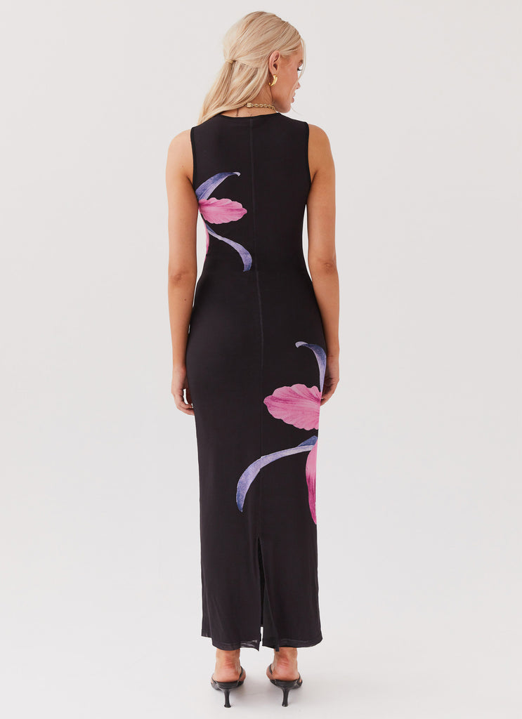 Womens Main Moment Mesh Maxi Dress in the colour Cosmo Floral in front of a light grey background