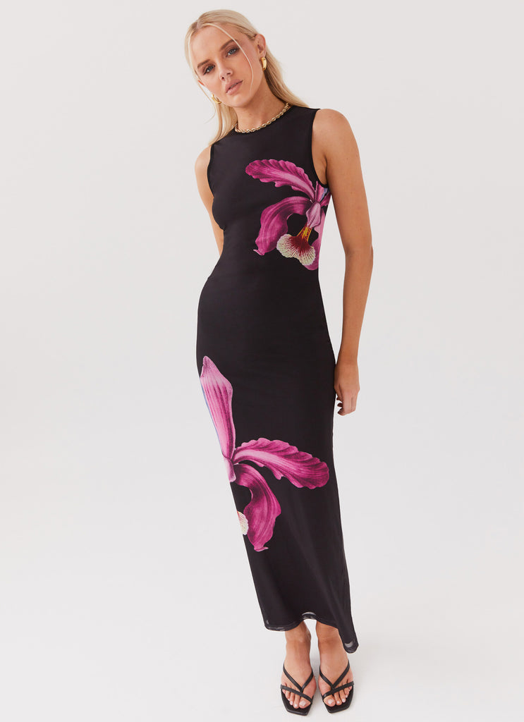 Womens Main Moment Mesh Maxi Dress in the colour Cosmo Floral in front of a light grey background