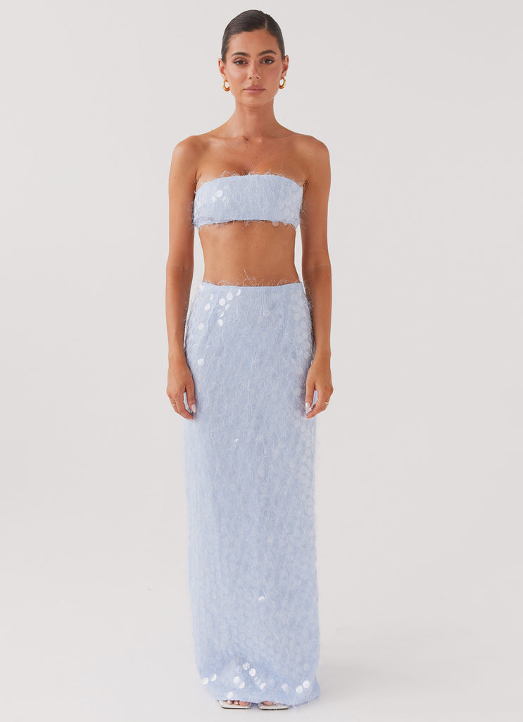 Womens Kyleigh Textured Sequin Maxi Skirt in the colour Lavender Mist in front of a light grey background