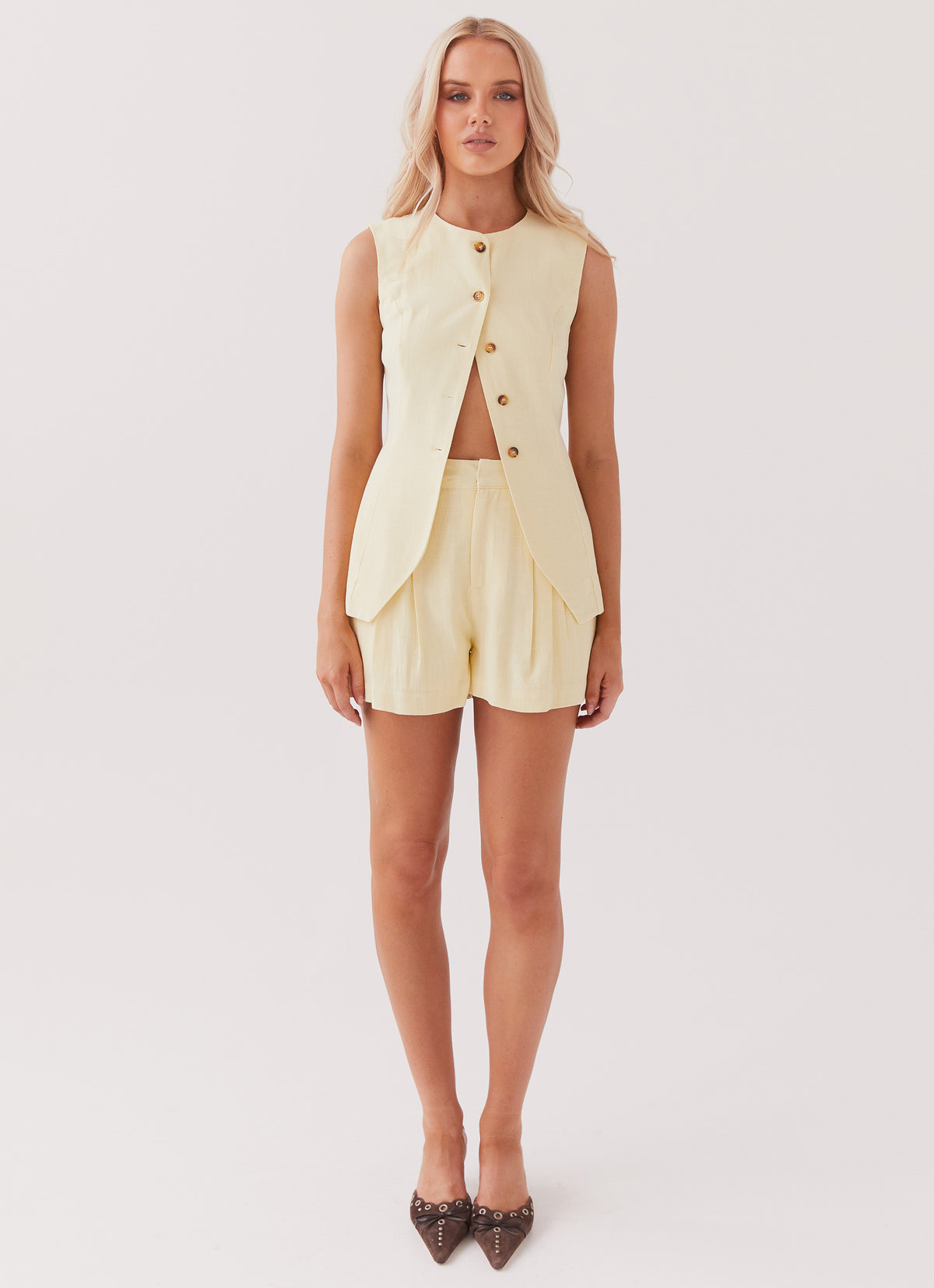 Womens Born For Bordeaux Linen Vest in the colour Lemon in front of a light grey background