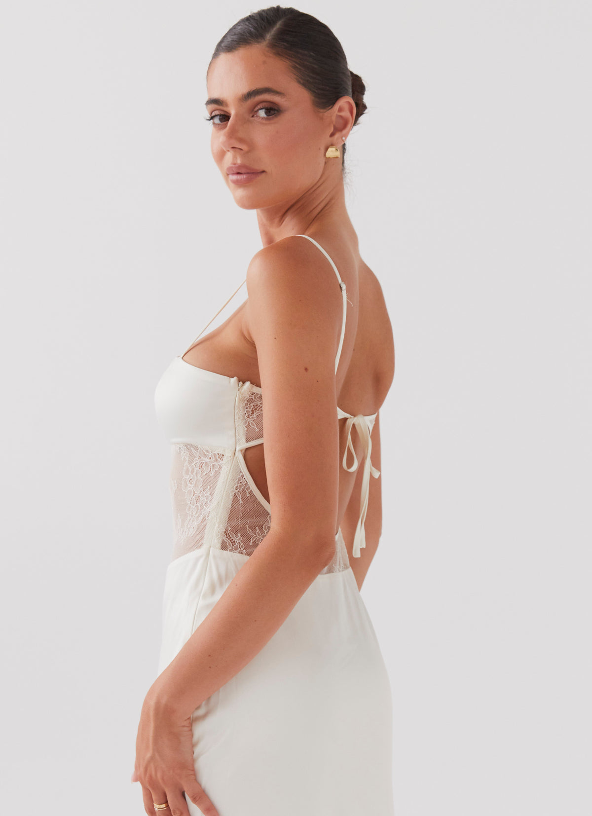 Womens Palais Royale Lace Maxi Dress in the colour Antique in front of a light grey background