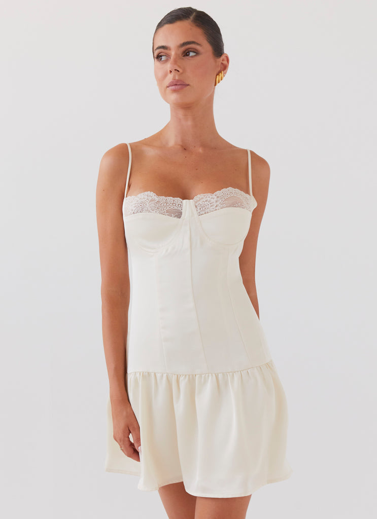 Womens Take A Chance Bustier Mini Dress in the colour Ivory in front of a light grey background