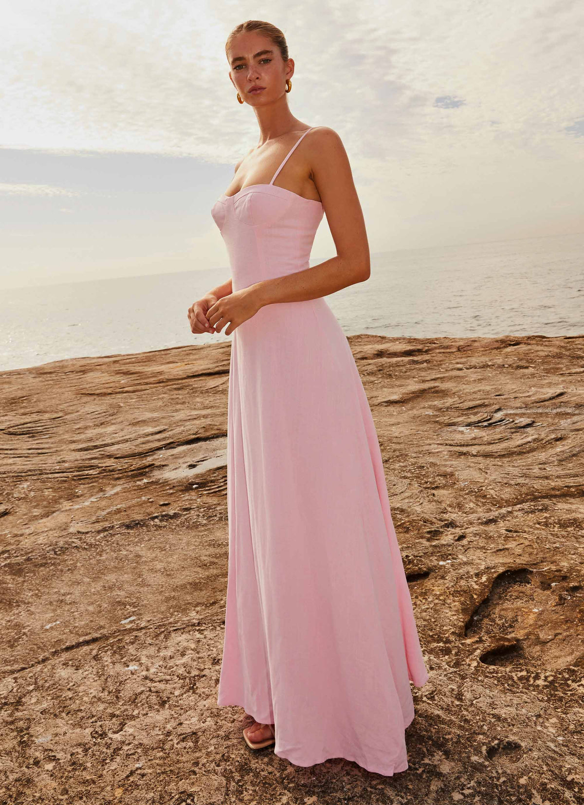 peppermayo pink dress First Class Maxi featuring underwired support for a flattering fit and gathered skirt detailing that adds texture and movement Angelina Linen Maxi Dress -