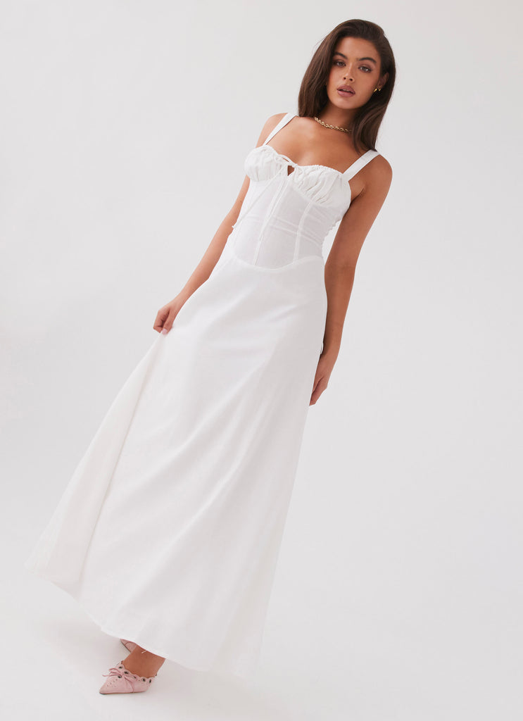 Womens Lucie Linen Maxi Dress in the colour White in front of a light grey background