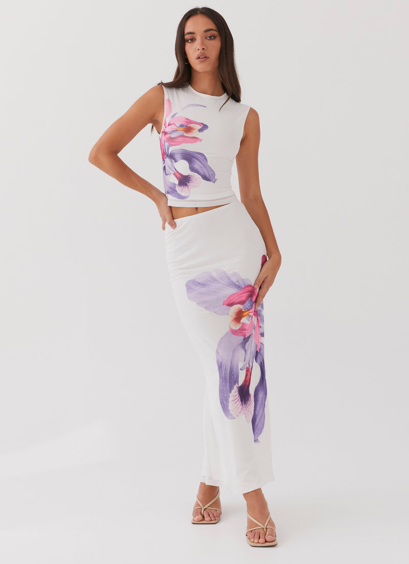 Womens Waiting For Dawn Mesh Top in the colour White in front of a light grey background