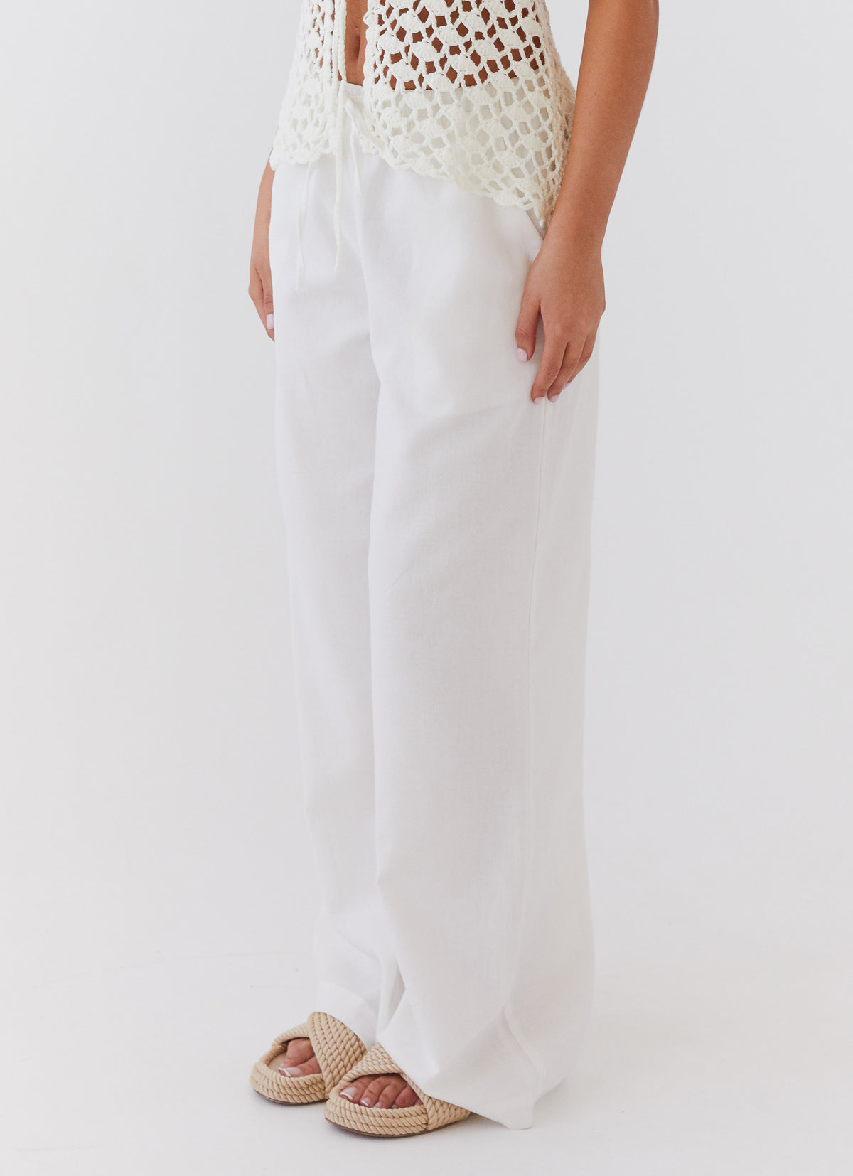 Womens Fresh Face Linen Pants in the colour White in front of a light grey background