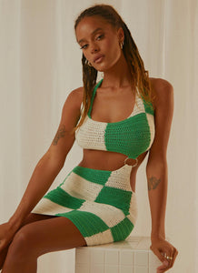Jet Set Crochet Mini Dress - Green Check - Peppermayo US