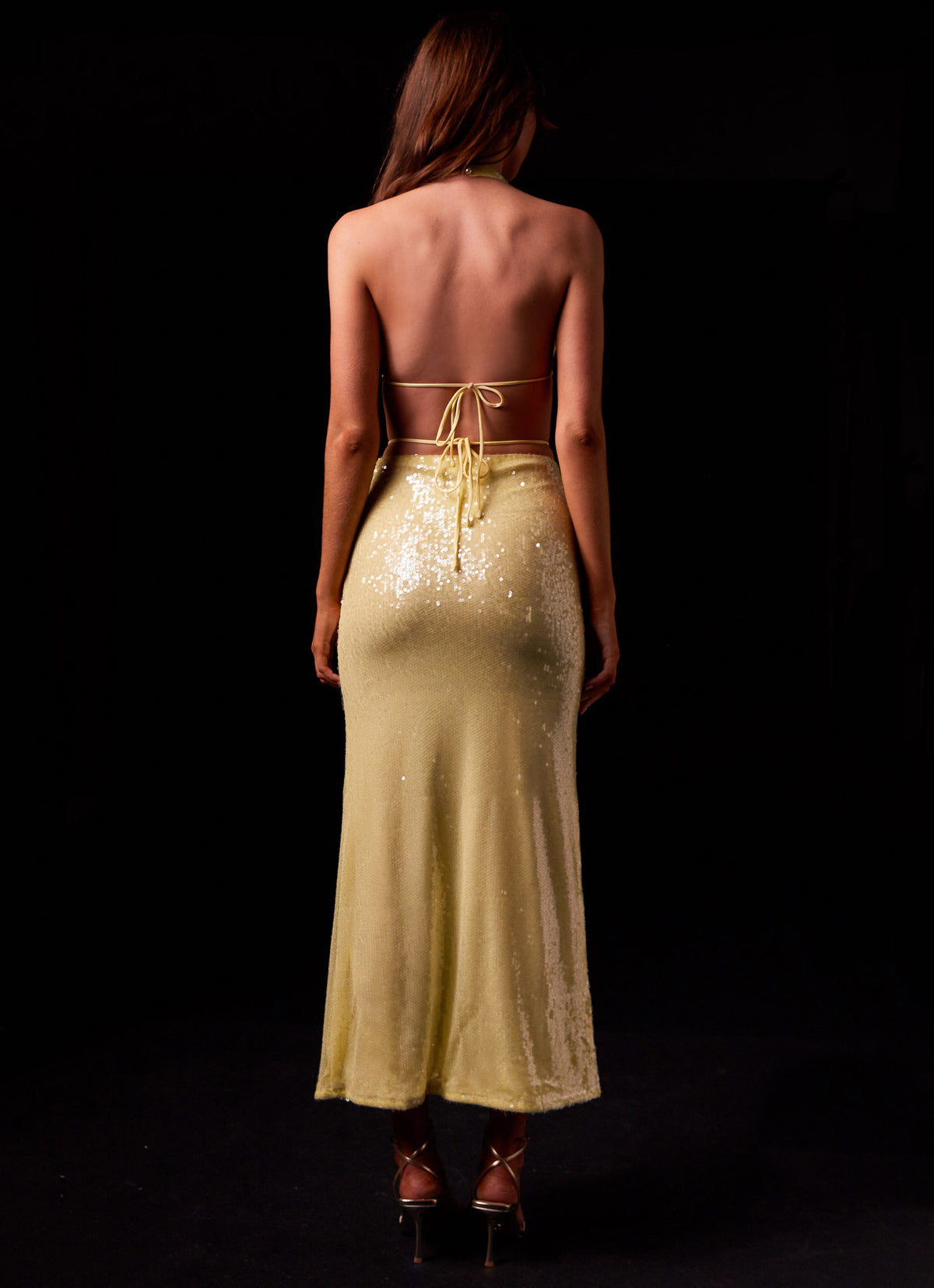 Womens Elara Sequin Maxi Dress in the colour Lemon Spritz in front of a light grey background