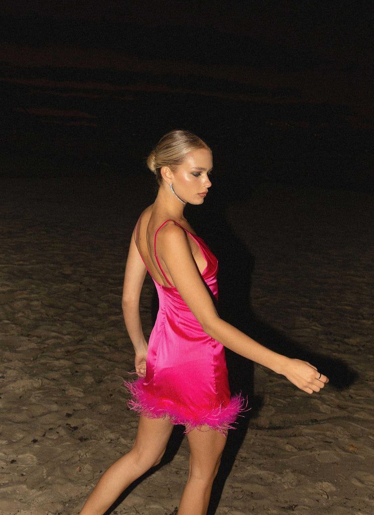 Midnight Muse Feather Mini Dress - Flamingo Pink - Peppermayo US