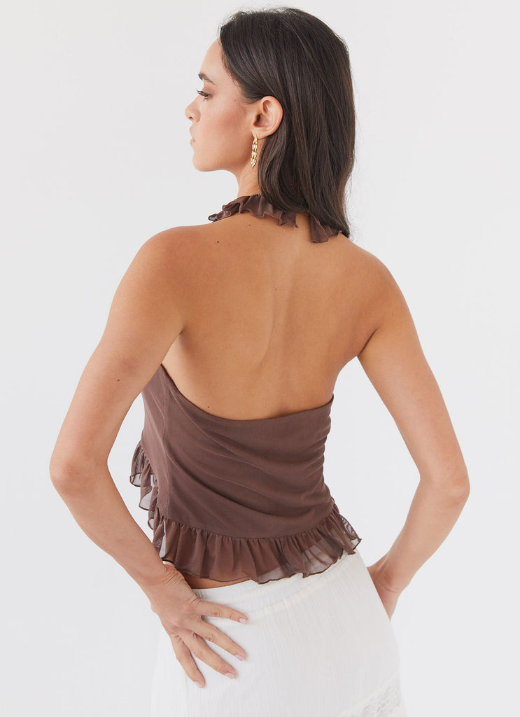 Womens Tanya Mesh Frill Top in the colour Chocolate in front of a light grey background