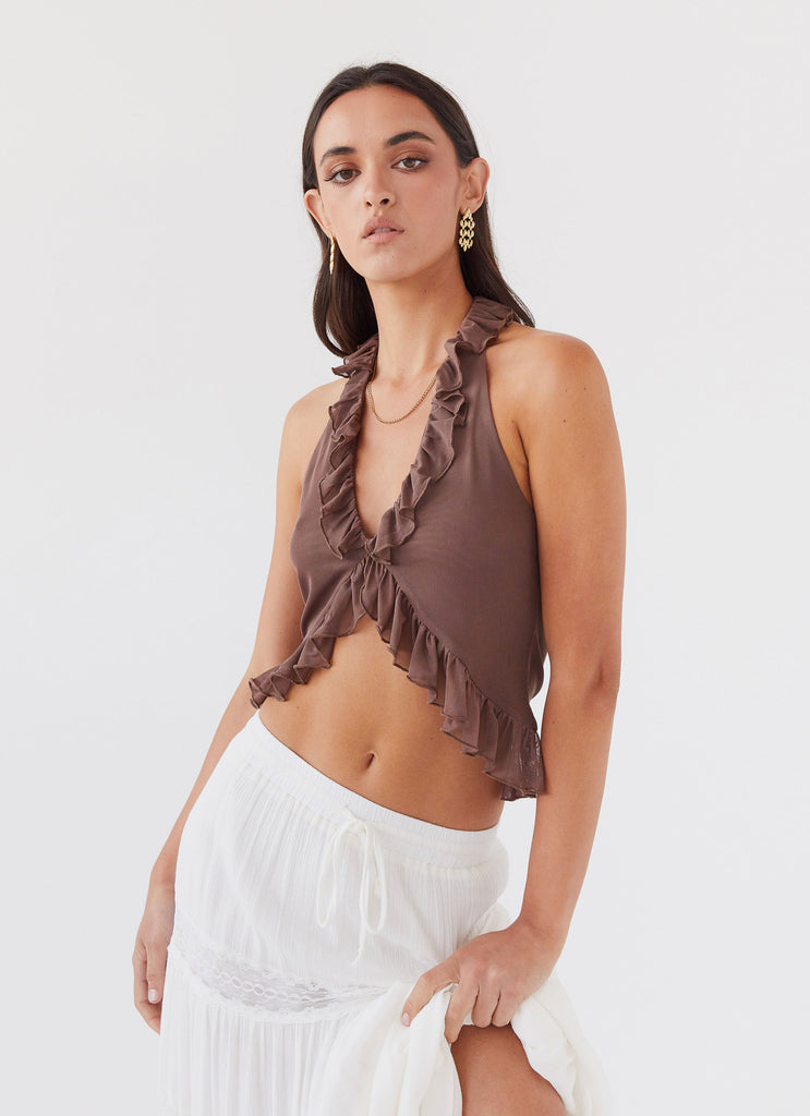 Womens Tanya Mesh Frill Top in the colour Chocolate in front of a light grey background