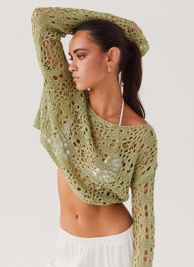 Free Mind Crochet Long Sleeve Top - Light Olive