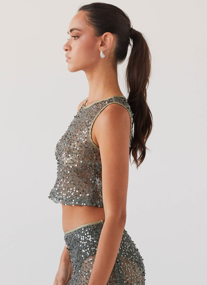 Green Sequin Micro Bandeau Crop Top, Two Piece Sets