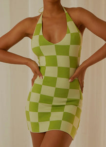 The Groove Knit Halter Dress - Lime Checkers - Peppermayo US