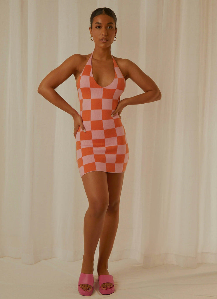 The Groove Knit Halter Dress - Pink and Orange Checkers - Peppermayo US