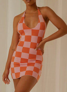The Groove Knit Halter Dress - Pink and Orange Checkers - Peppermayo US