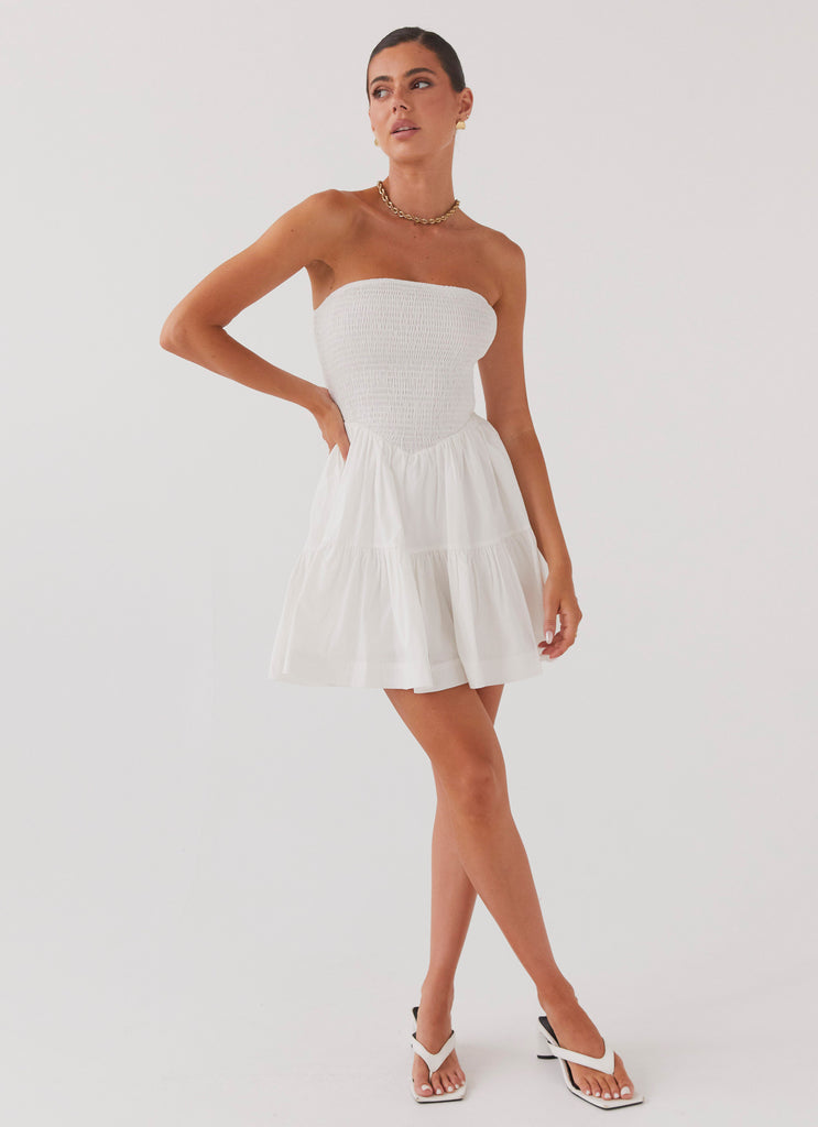 Womens Harper Strapless Mini Dress in the colour White in front of a light grey background