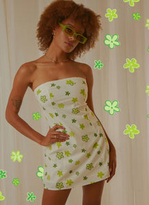 Hariette Tube Linen Mini Dress - Green Wild Poppies - Peppermayo US