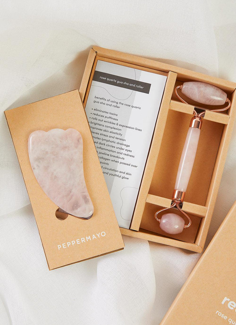 Gua Sha & Roller Set - Rose Quartz - Peppermayo US
