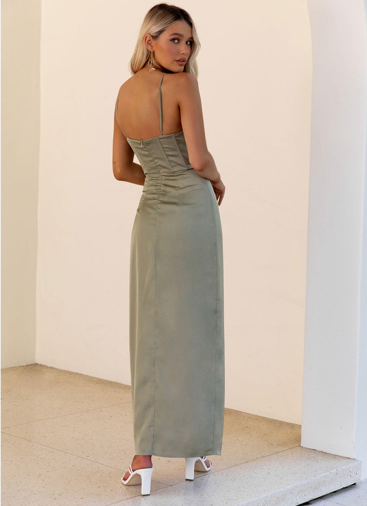 Takes Two Satin Maxi Dress - Olive - Peppermayo US